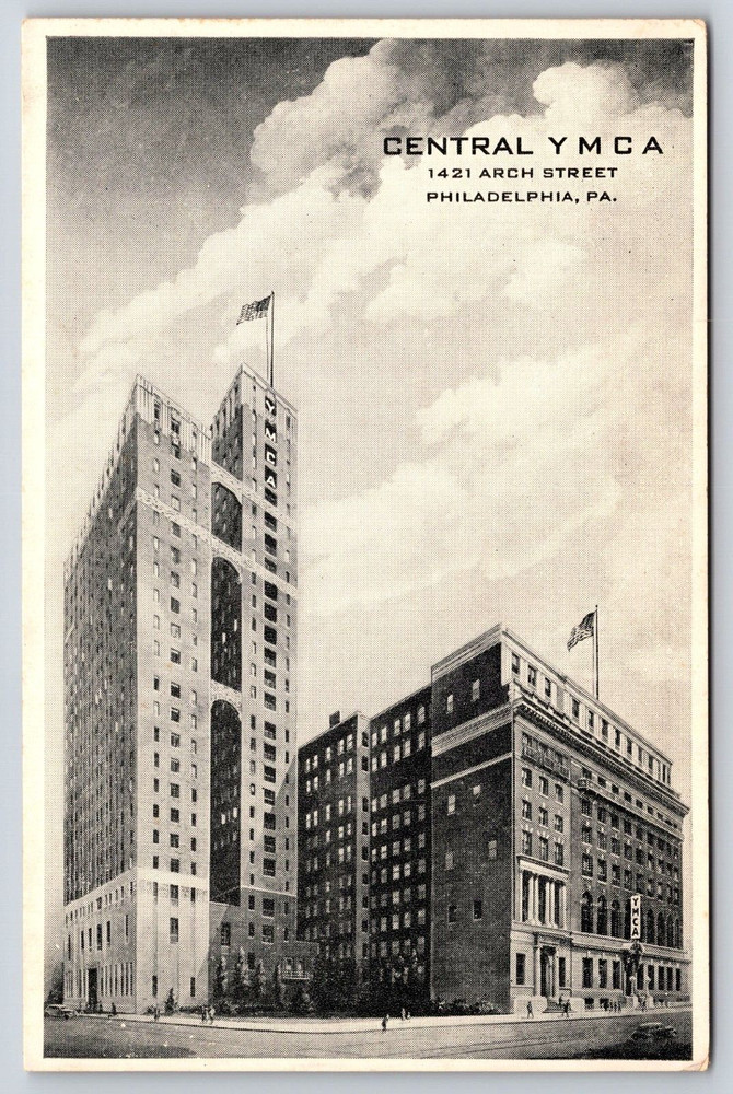 Philadelphia Pennsylvania PA YMCA Building Street View Flags Vintage Postcard