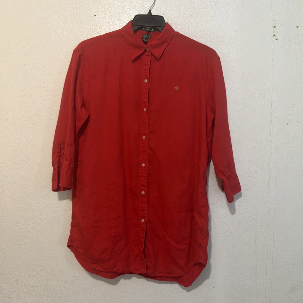 Lauren Ralph Lauren 100% Linen Shirt TunicMRed 3/4 Split Sleeve Button  Sz M T7