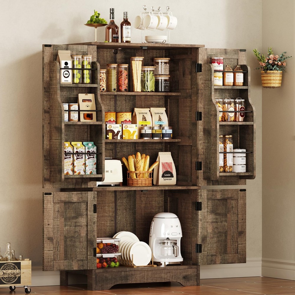 Usikey 43.3-Inch High Farmhouse Pantry Cabinet with 4 Doors for Kitchen Storage