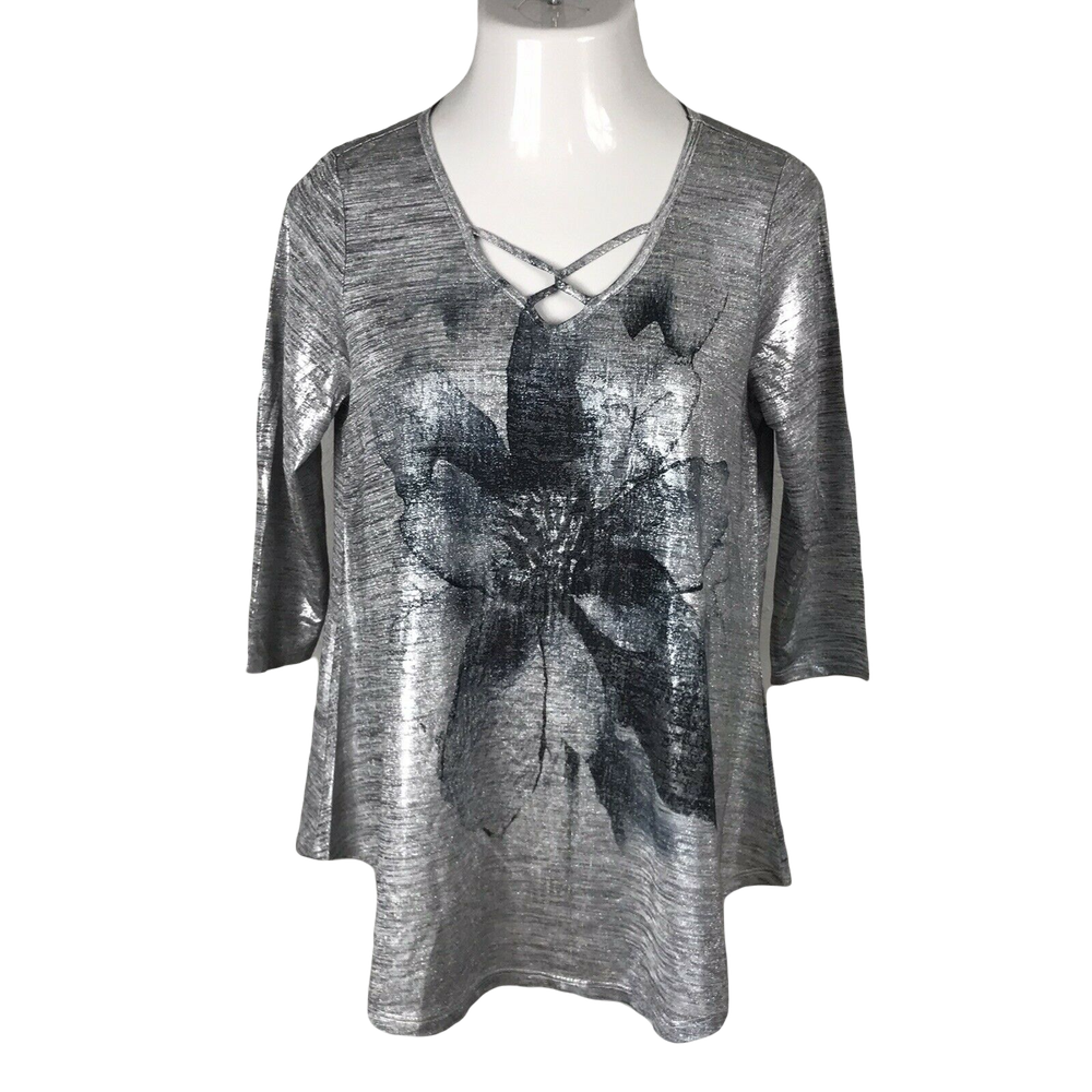IMPULSE Cute Classy Shirt Blouse ~ Sz S  ~ Gray ~ 3/4 Sleeve ~ Stretch