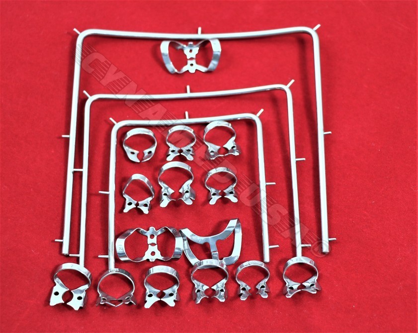 German Set of 18 Rubber Dam Clamps SET with Frame Dental Surgical Instruments