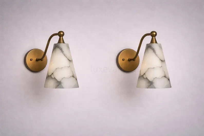Alabaster Wall Sconce, Brass Wall Light, Mid Century Modern Sconce, Cone Shade