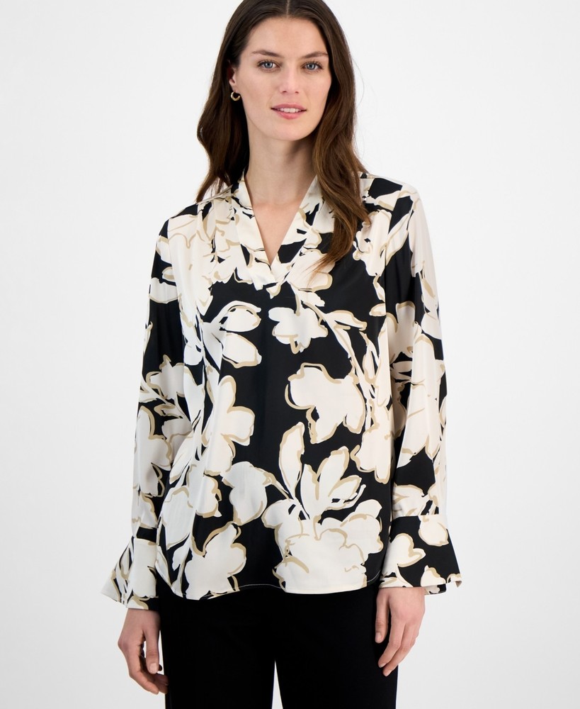 Anne Klein Women's Floral-Print V-Neck Cuffed Blouse Multi Size M 0011