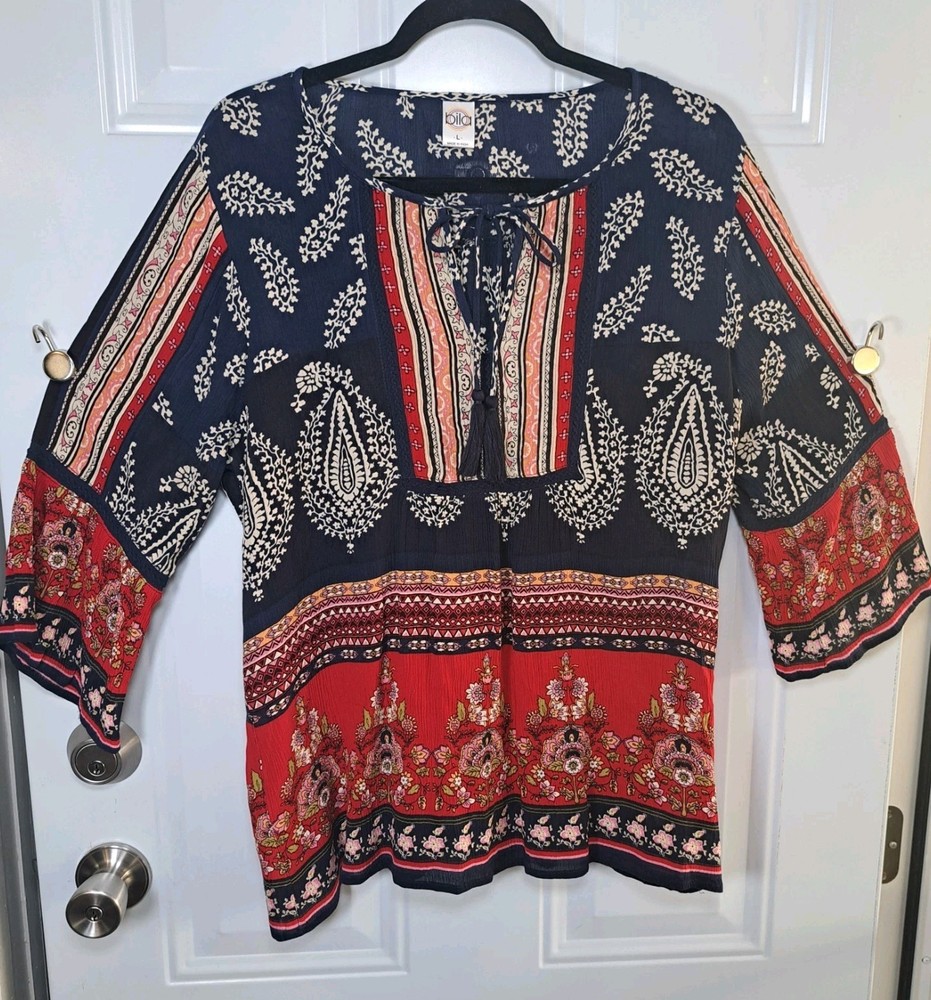 Bila Peasant Shirt Womens Large Blue & Red Paisley Boho Tassel Tie Bell Sleeve