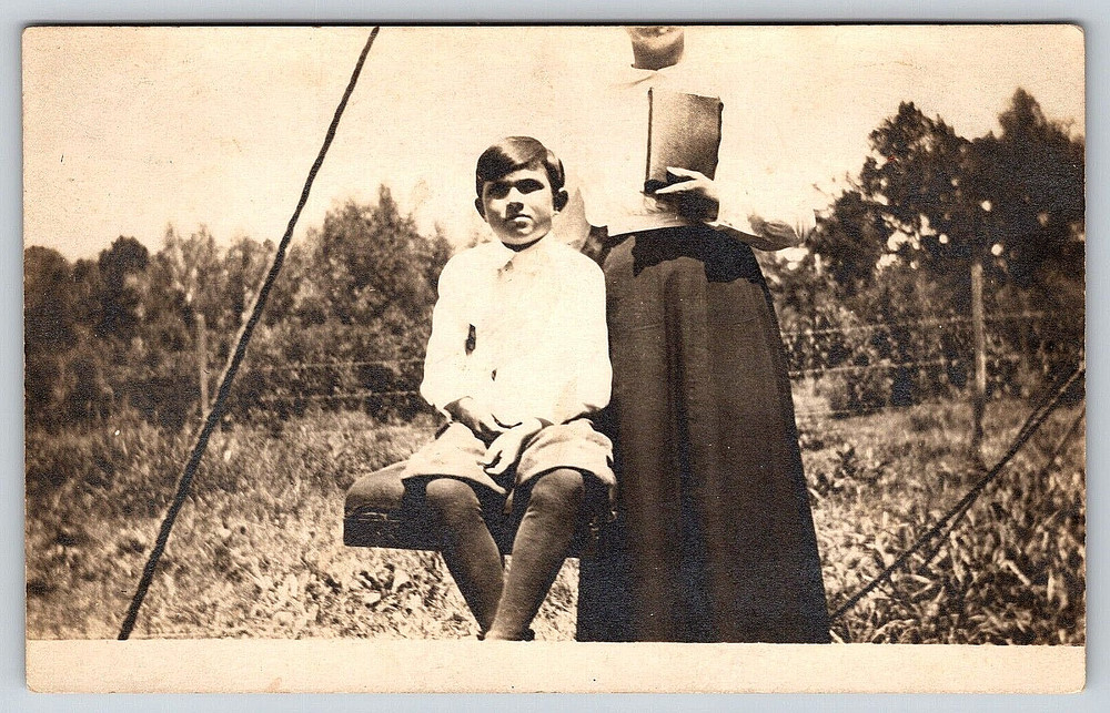 Vintage Real Photo Postcard Antique Outdoor Picture Young Boy Woman Lady Dress