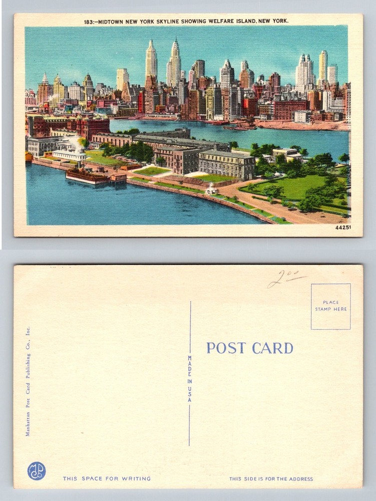New York City NY, Midtown Skyline Showing Welfare Island Vintage Postcard