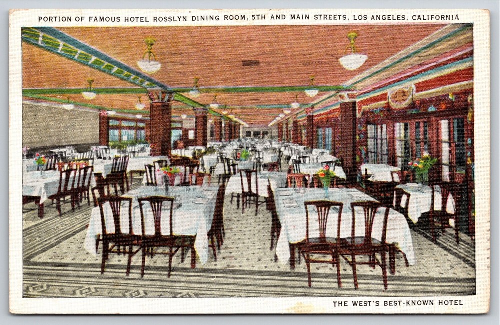 Los Angeles California~Dining Room Hotel Rosslyn~Vintage Linen Postcard