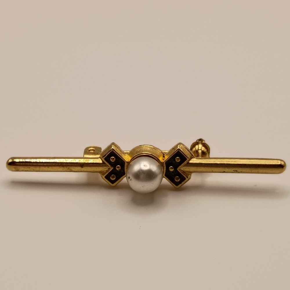 Vintage Gold Tone Pearl & Black Enamel Bar Brooch Pin