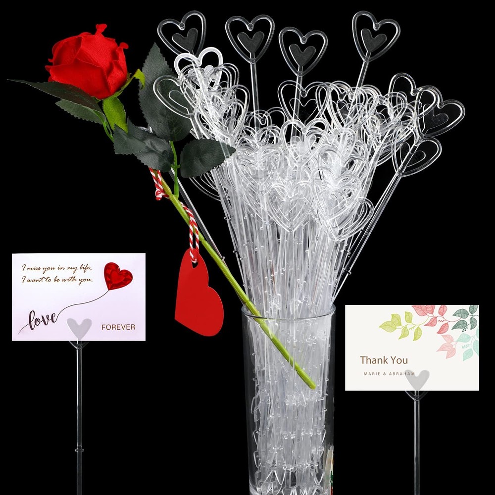 CCINEE 100pcs Plastic Floral Pick Card Holders Clear Heart Shaped Flower Plac...