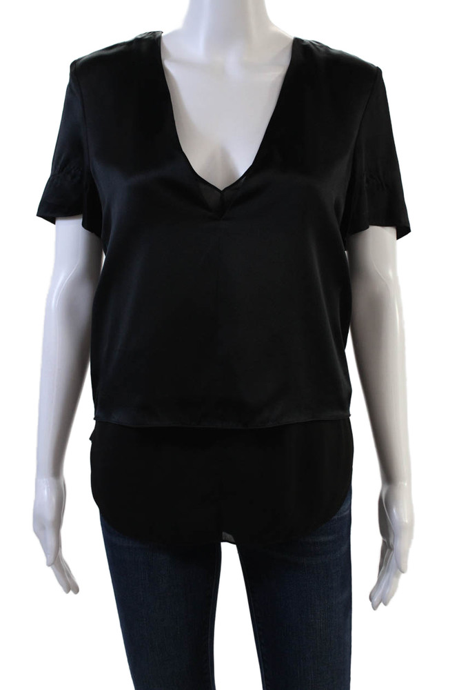 T Alexander Wang Womens Silk Short Sleeve V-Neck Sheer Layer Top Black Size 2Free Shipping in US $100+ Orders | $6.95 Orders Below