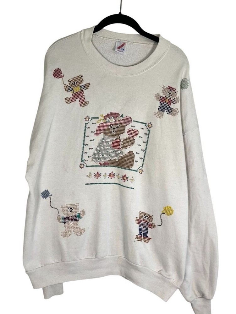 Vintage Cross Stitch Floral Artsy Bear Sweatshirt 2X 80s Pixel Art Retro Granny