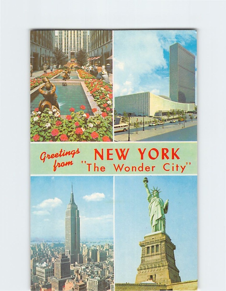 Postcard New York City Statue of Liberty Rockefeller Empire State United Nations