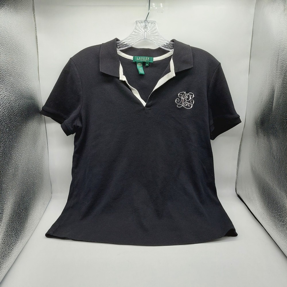 Ralph Lauren Polo Shirt Womens Size PL Petite Large Black Big Logo Casual Preppy