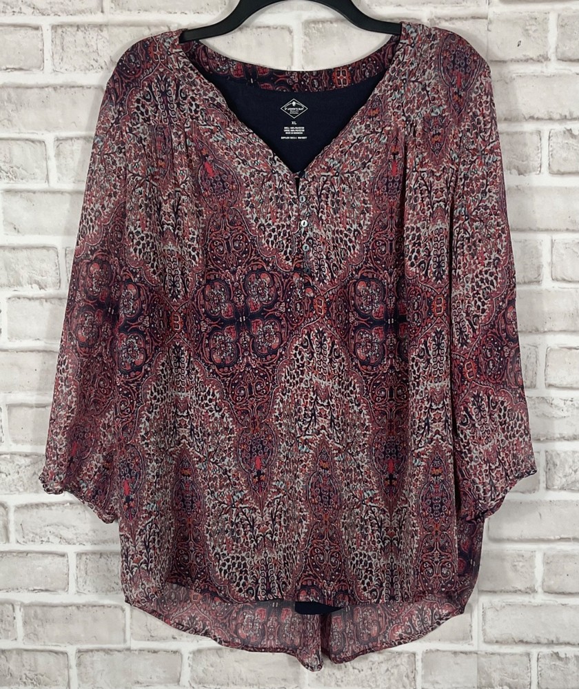 St Johns Bay Top Womens Sz XL Navy Blue Red Paisley 1/4 Button Lined 3/4 Sleeves