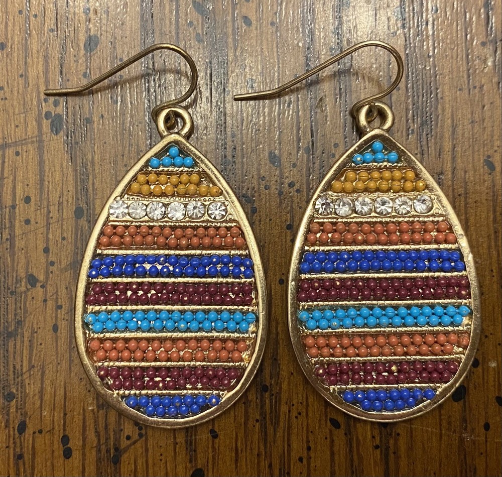 Gold Tone Multicolor Easter Egg Shape Dangle Drop Hook Earrings 1 3/4”
