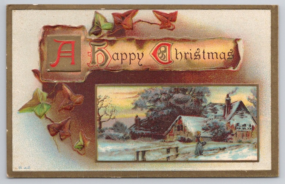 1913 Embossed Christmas Postcard - Snowy Village Scene, Holiday Greetings