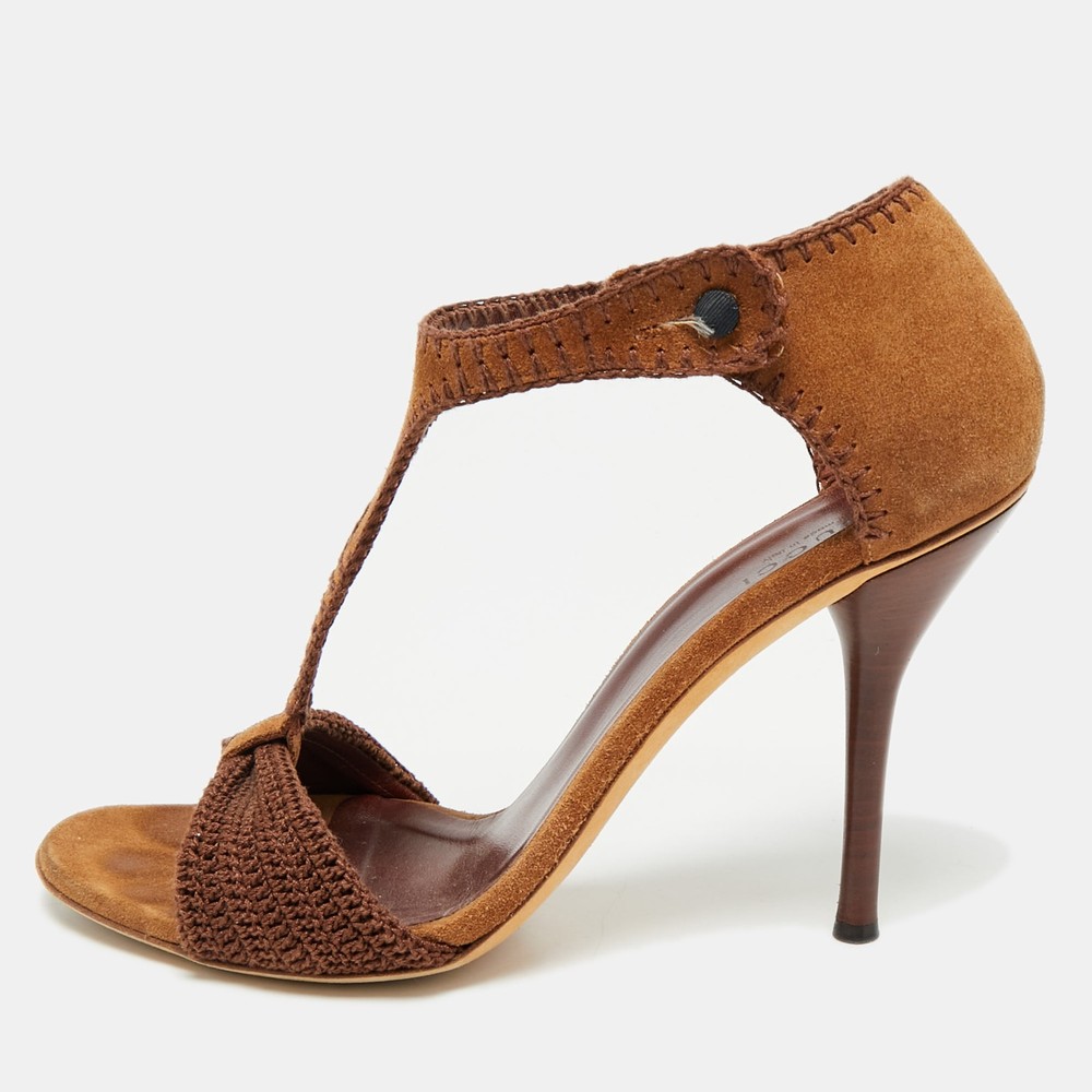 Gucci Dark Brown Suede Knit T-Strap Sandals Size 39.5