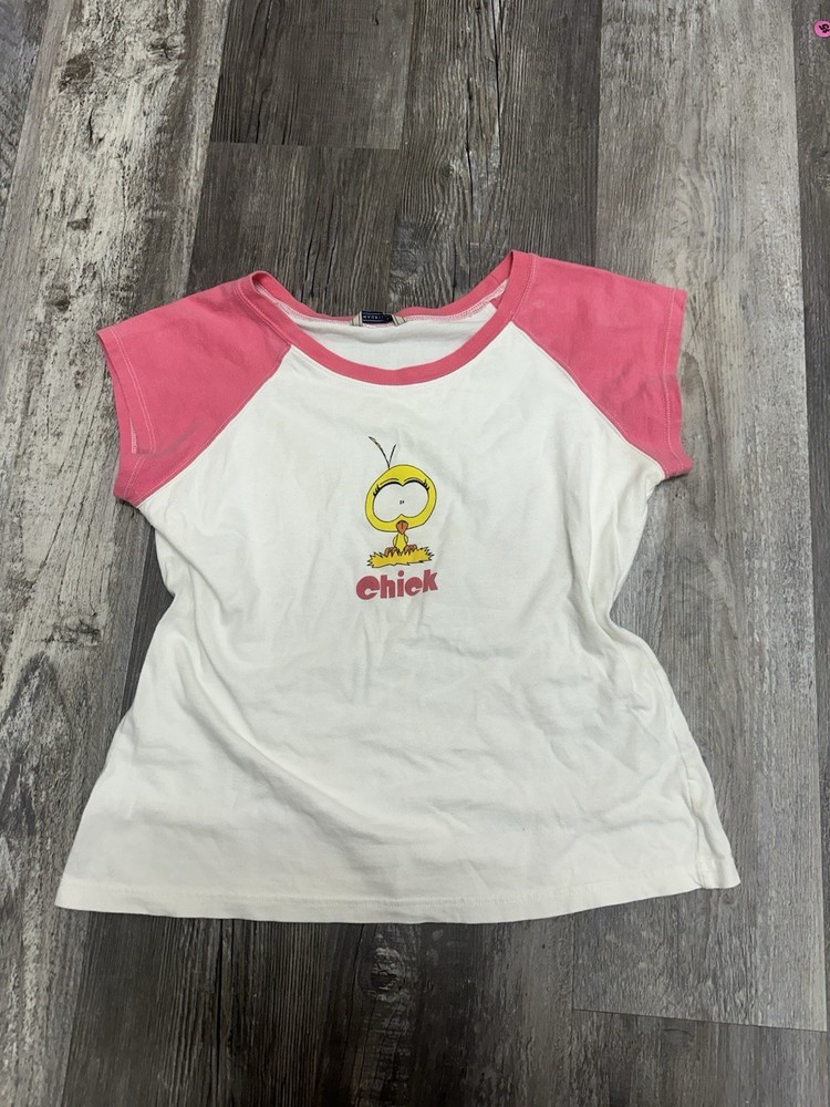 Vtg Y2k Raglan Character Tee Chick Pink White Baby Tee