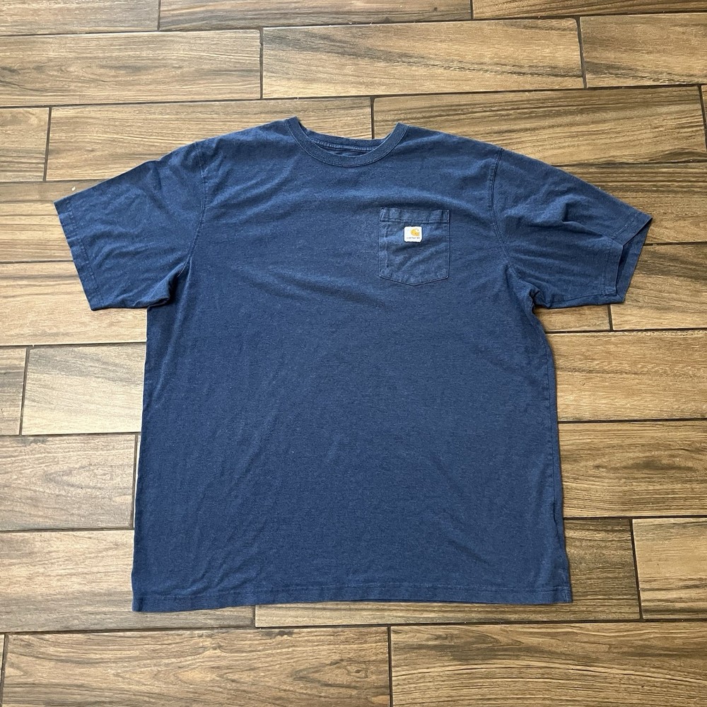 Carhartt Mens 2XL Tall Loose Fit Navy Blue Pocket T Shirt Workwear Heavyweight