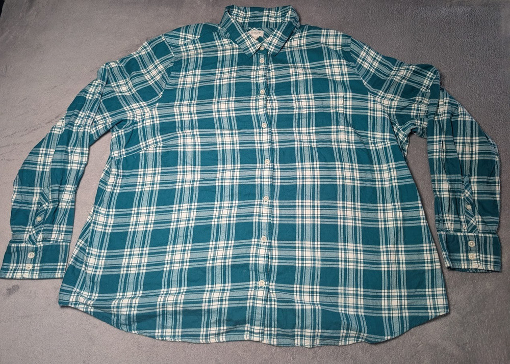 J Crew Women's Teal/White Plaid Flannel Button-Up Long Sleeve Shirt Size 3XL
