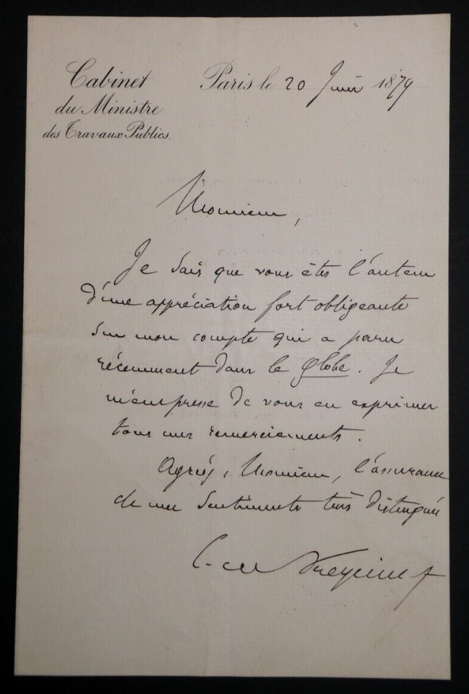 Charles Louis Saulces DE FREYCINET - SIGNED AUTOGRAPH LETTER, Paris, 1879
