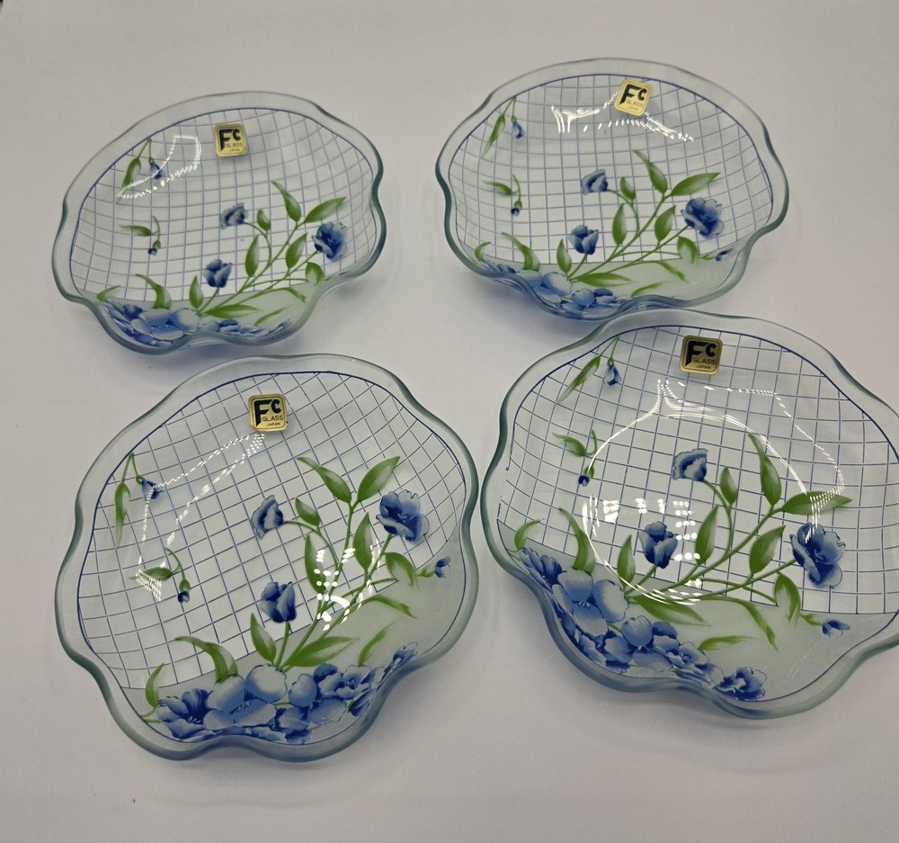 Vtg Clear Glass Ruffled Edges Blue Floral Japan Dessert Plates Set 4