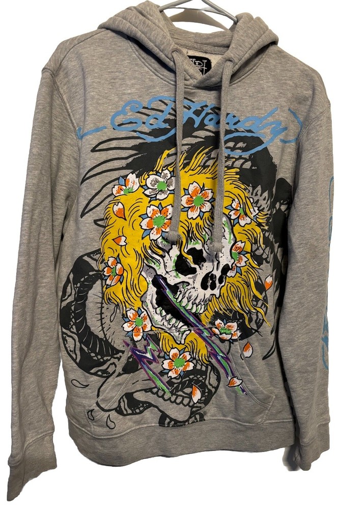 Ed Hardy Hoodie Mens Small Blonded Skull Pullover Fleece Retro Streetwear Y2K