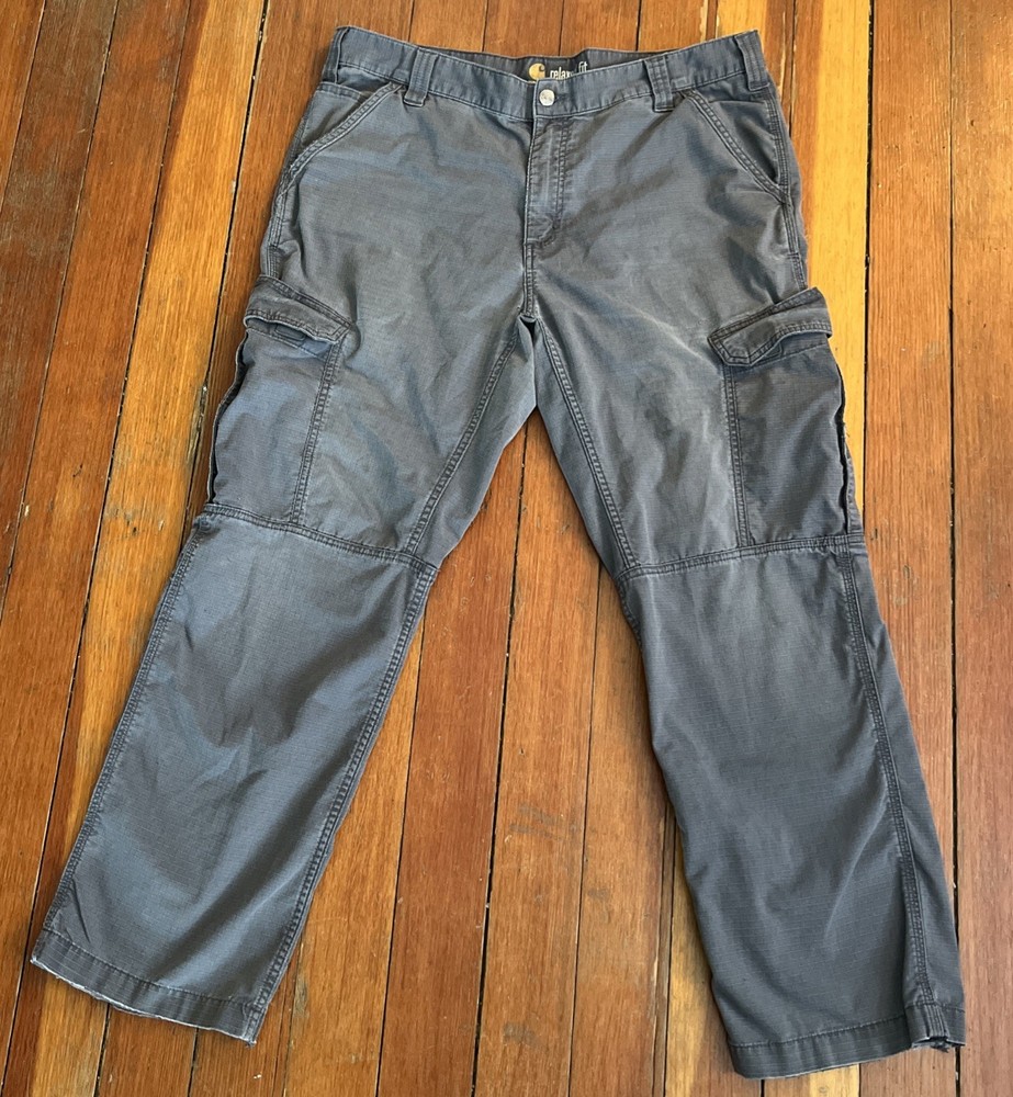 Distressed Carhartt Force Relaxed Fit Rip Stop Cargo Work Pants 38x30 Shadow