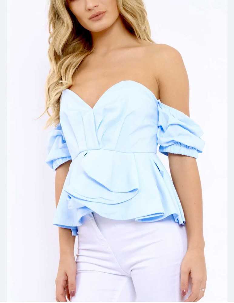 100% Cotton Size S/M Baby Blue Crop Bustier Corset Peplum Top Off Shoulder