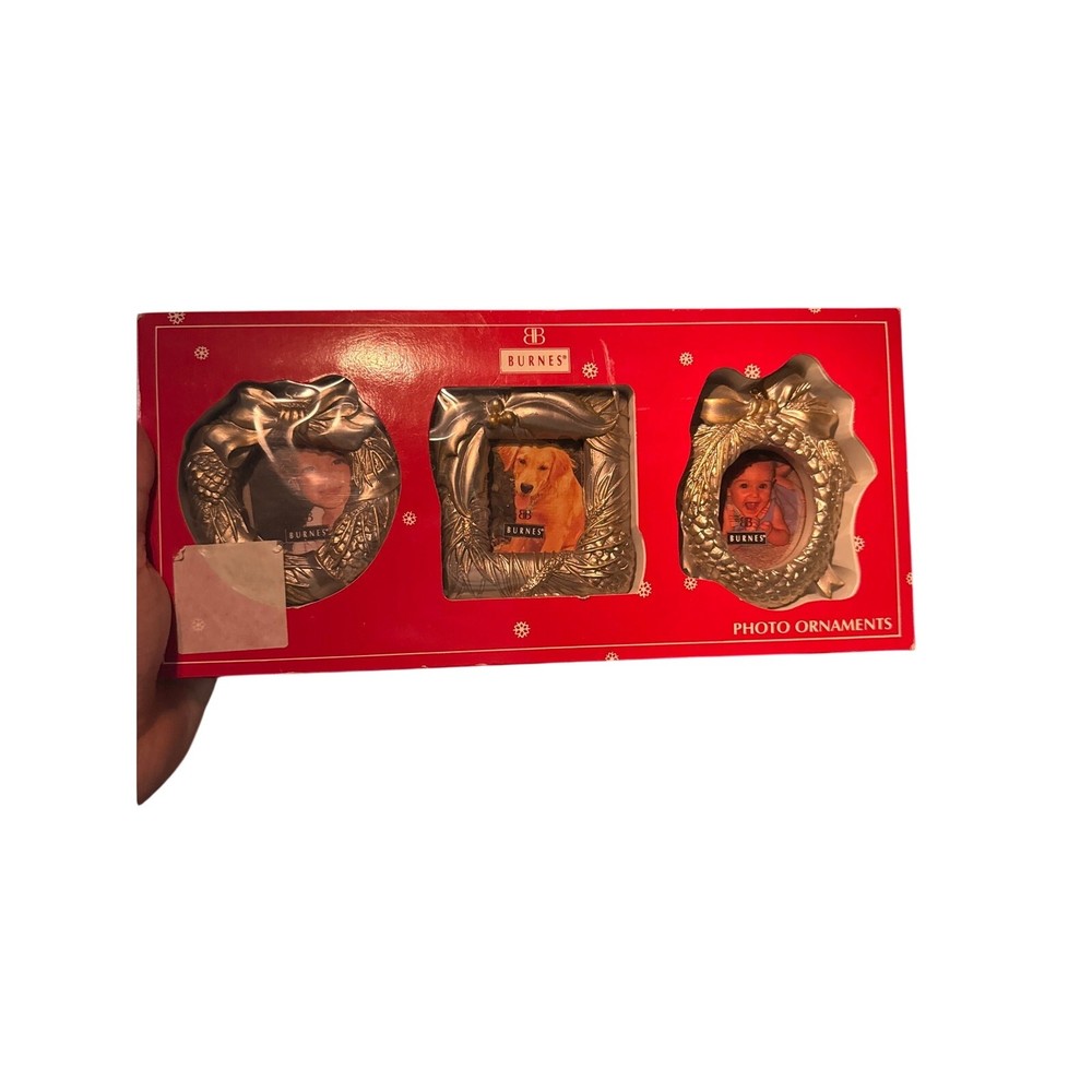 Burnes of Boston Vintage Christmas Photo Ornament Set of 3 Gold Tone Frames