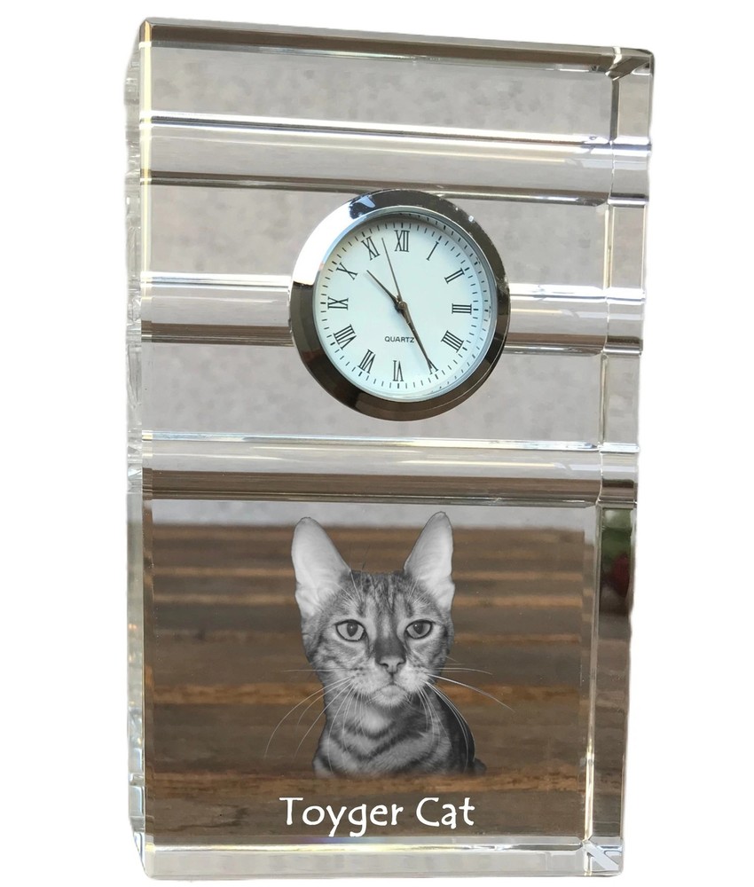 Toyger Cat - Glass Clock With Photo, Katzenfoto IN Crystal, Personalized Standuh
