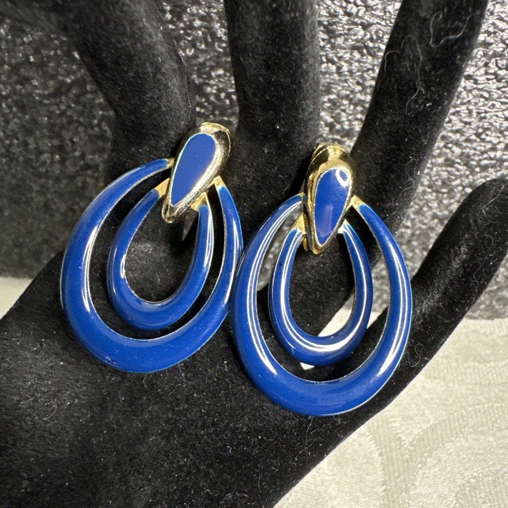 Vintage Gold Tone Blue Enamel Door Knocker Clip On Earrings Double Dangle