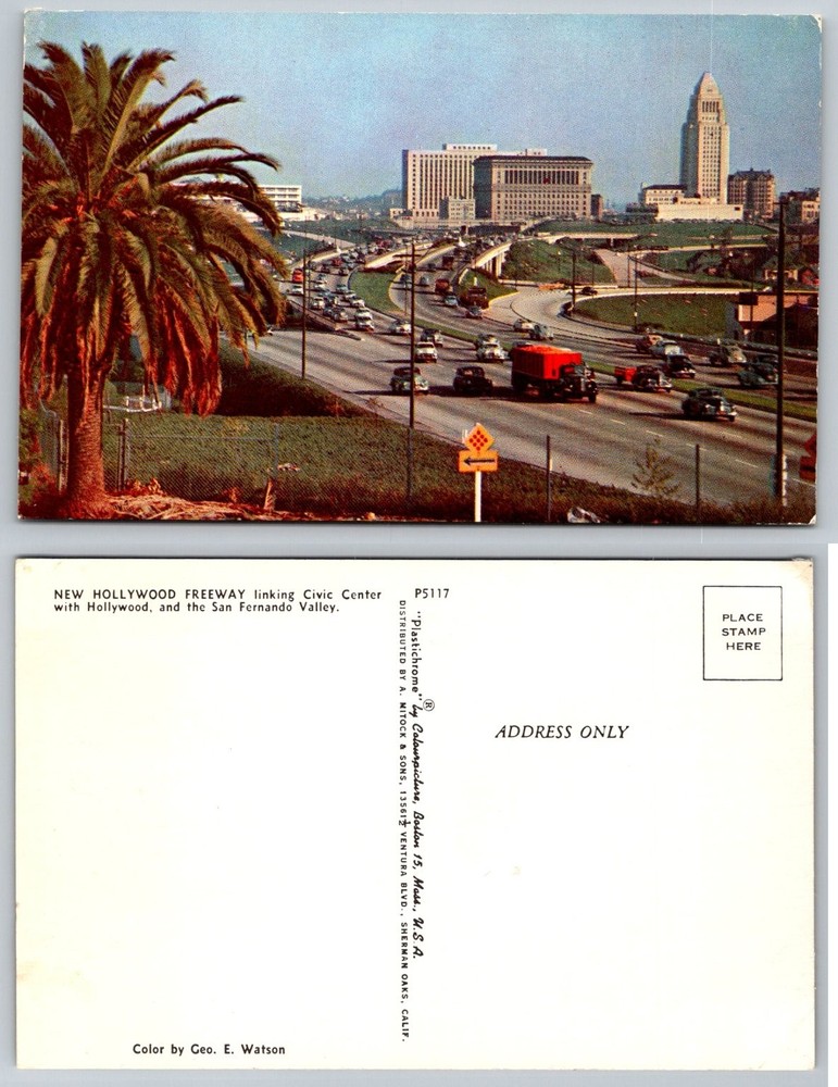 Vintage NEW HOLLYWOOD FREEWAY Los Angeles Civic Center Palm Trees Postcard