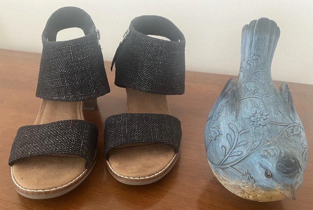 TOMS Womens Majorca Black Denim Open Toe Heeled Sandals Zip Ankle Size 8