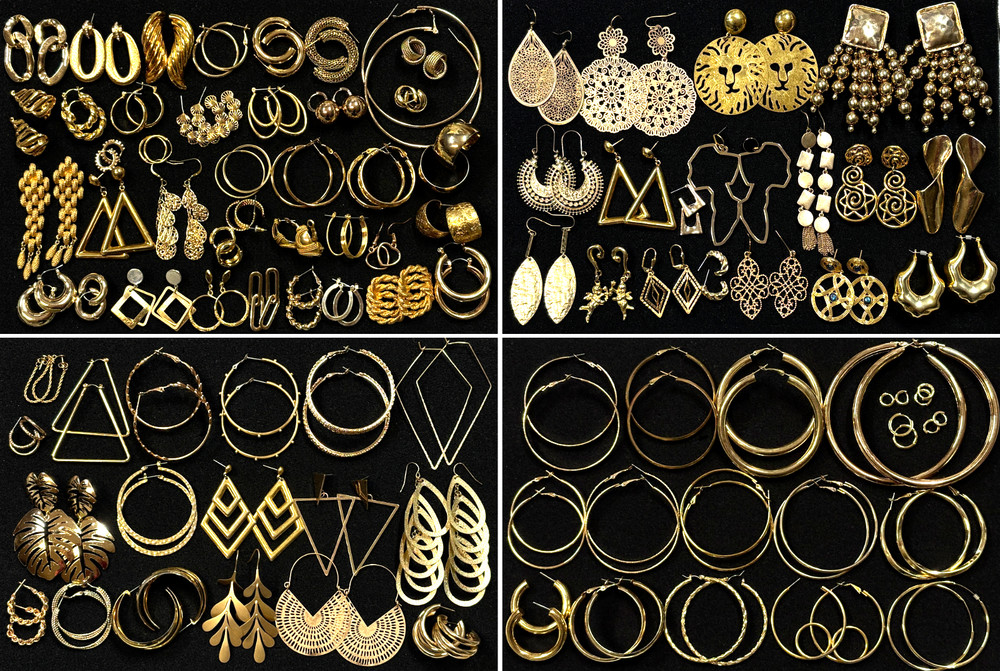 93 Pairs Vintage Mod Gold Tone Pierced Earrings Lot Bulk Jewelry #62