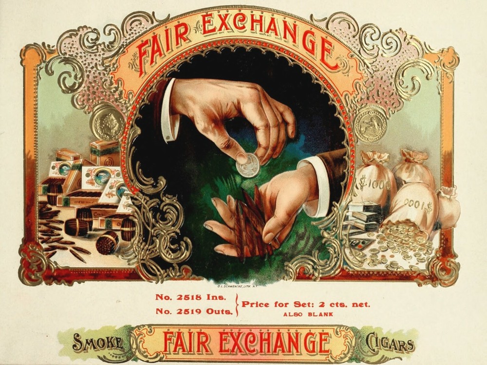4148.Fair Exchange.Cigars.smoke.hands with coins.POSTER.Home School art decor