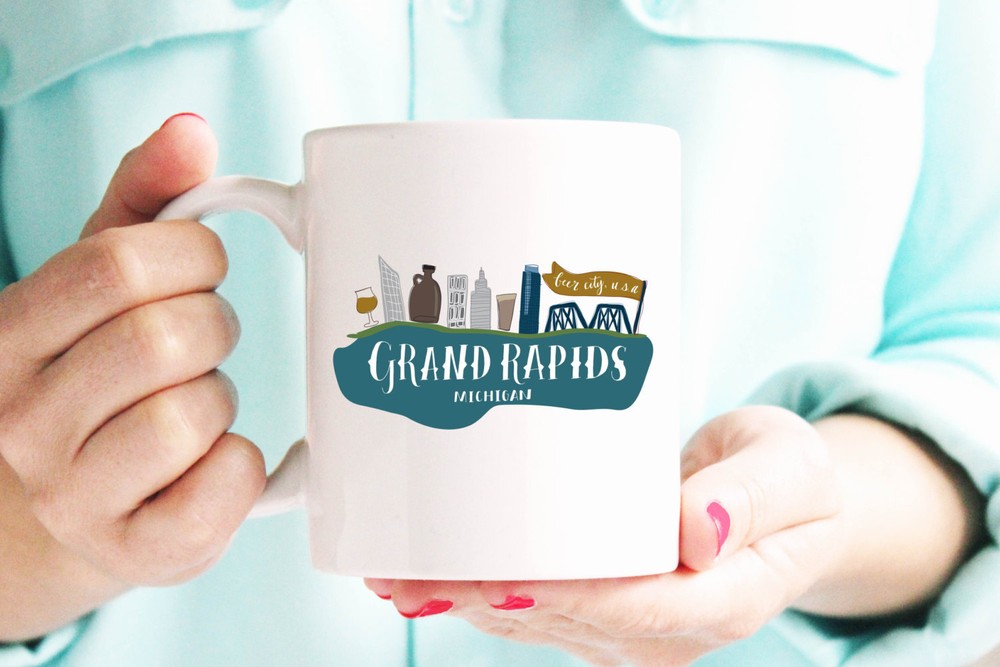 Grand Rapids Michigan Beer City Usa Illustrated Ceramic Plastic Travel Mug Cup