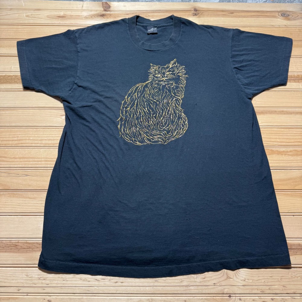 Vintage 90s Gold Glitter Persian Cat Longhair Fluffy Graphic T-Shirt - Large