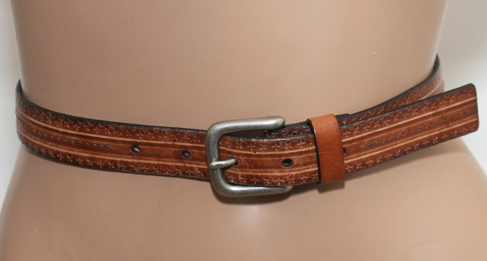 DOCKERS Tan Tooled & Stitched Leather Belt - Silver Buckle SIZE M/L - 38