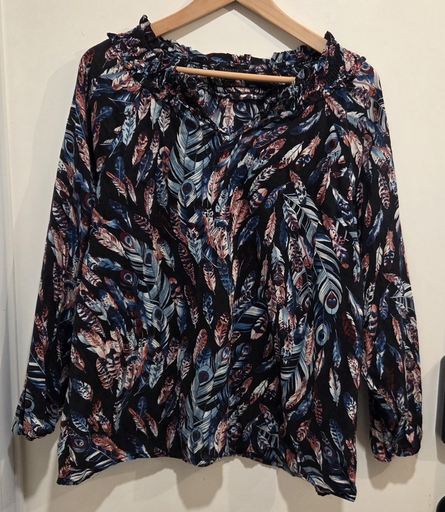 TALBOTS Smocked Cotton Popover Top Women's Size XLBlack Multi Feather