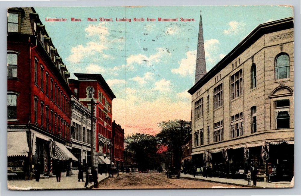 1910 Leominster MA Main Street Monument Square Hand-Colored Postcard