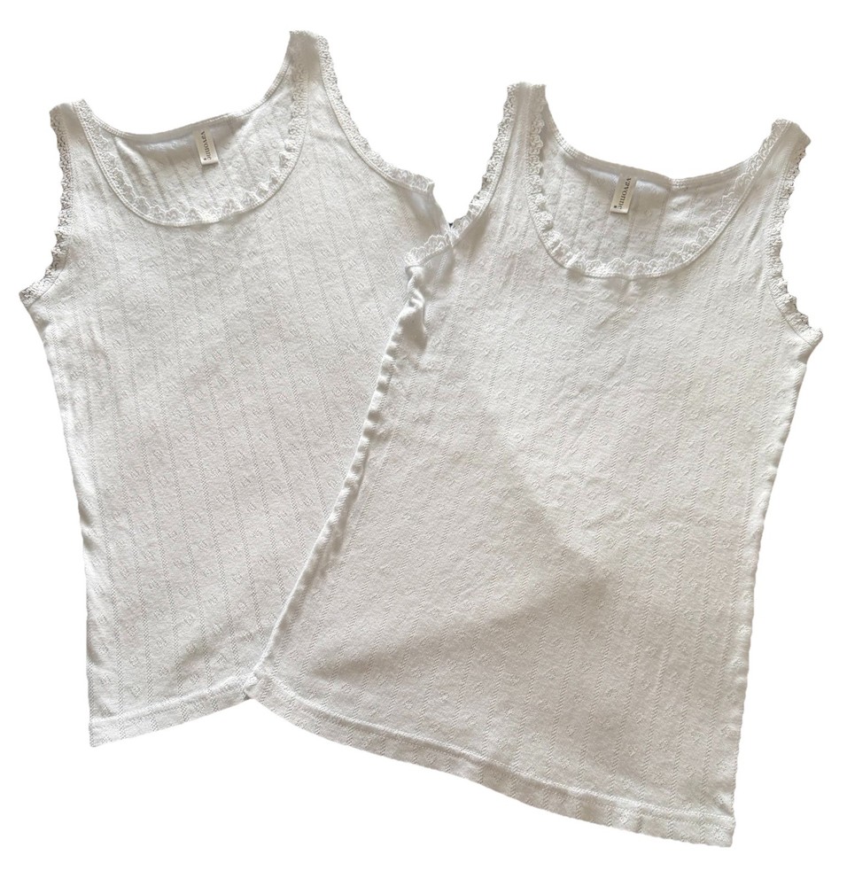 🤍NWOT Lot Of 2 VAVONNE White Pointelle Cotton Lace Trimmed Tank Tops-Size M🤍