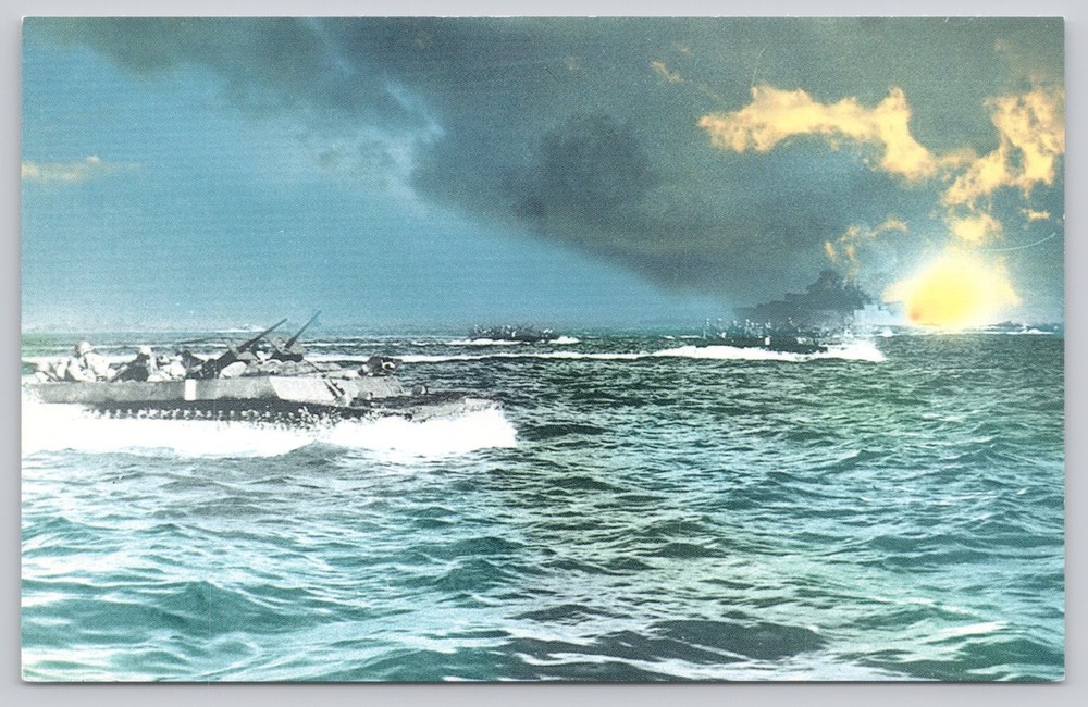 WWII Okinawa Battleship Marine Amphibious Landing Postcard World War 2
