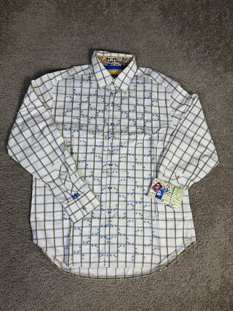 Robert Graham Shirt Mens XL White Plaid Long Sleeve Button Up Travel Flip Cuff