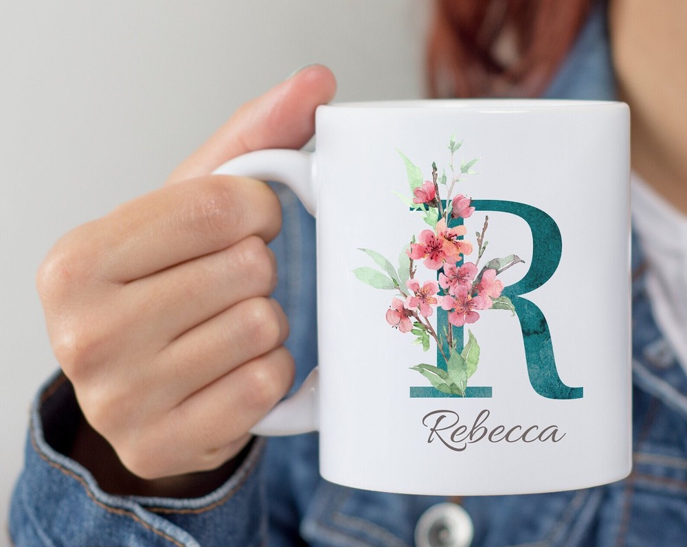 Personalized Monogram Initial Name Mug Floral Alphabet Cup Birthday Gift