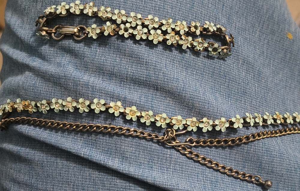 Vintage Floral Enamel Necklace Bracelet Set Light Blue Gold Brass Jewelry