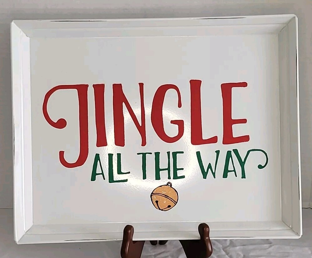Vintage White Metal Jingle All The Way Christmas Tray Decor