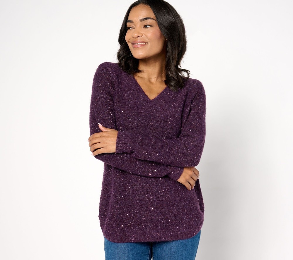 SUNNYLiFE Women's Top Sweater Sz XL Denim & Co. V-Neck Long Sleeve Purple