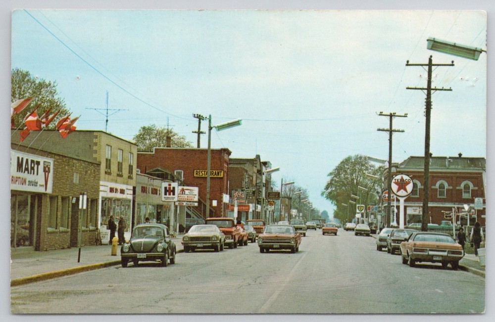 Harrow Ontario Main Street 1970s Chrome Postcard Canada Small Town Scene