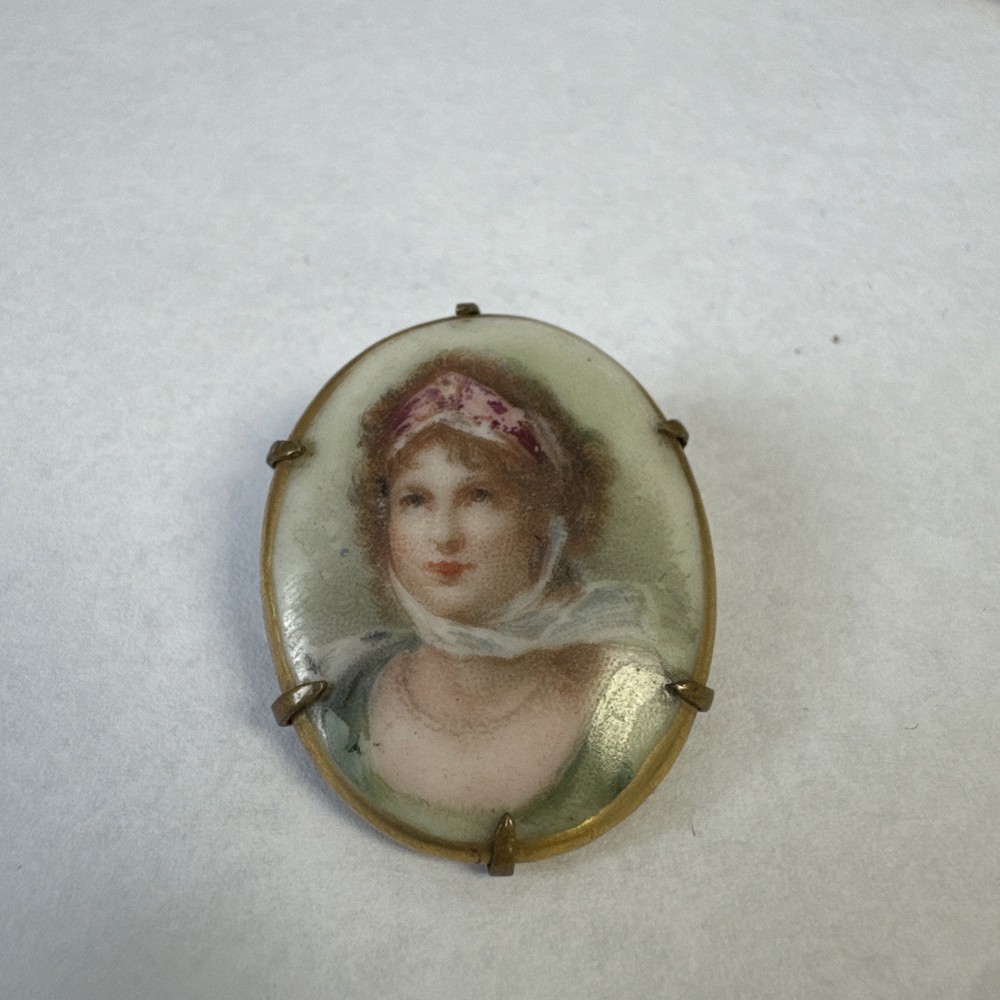 Antique Queen Louise of Prussia Portrait Porcelain Oval Brooch Transfer C Clasp